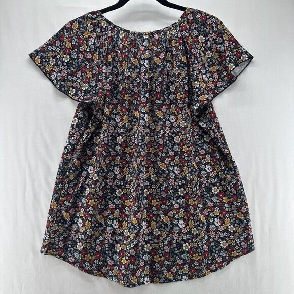 Simple Fun Tunic Size M Peasant Floral Blouse  Tie Neck Flare Sleeve Multicolor - Picture 2 of 11